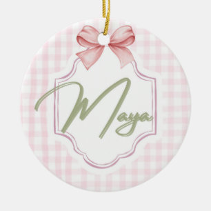 Personalized Maya Baby Girl Nursery Bow&Gingham Ceramic Ornament