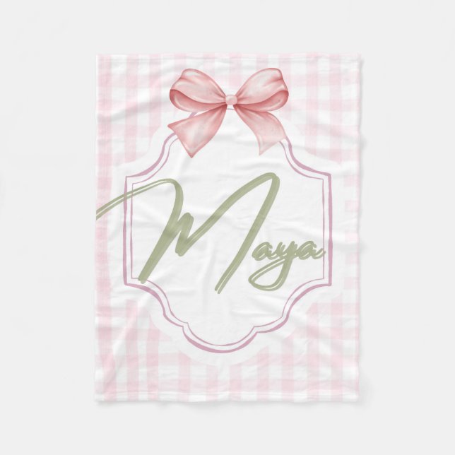 Personalized Maya Baby Girl Nursery Bow&Gingham  Fleece Blanket (Front)