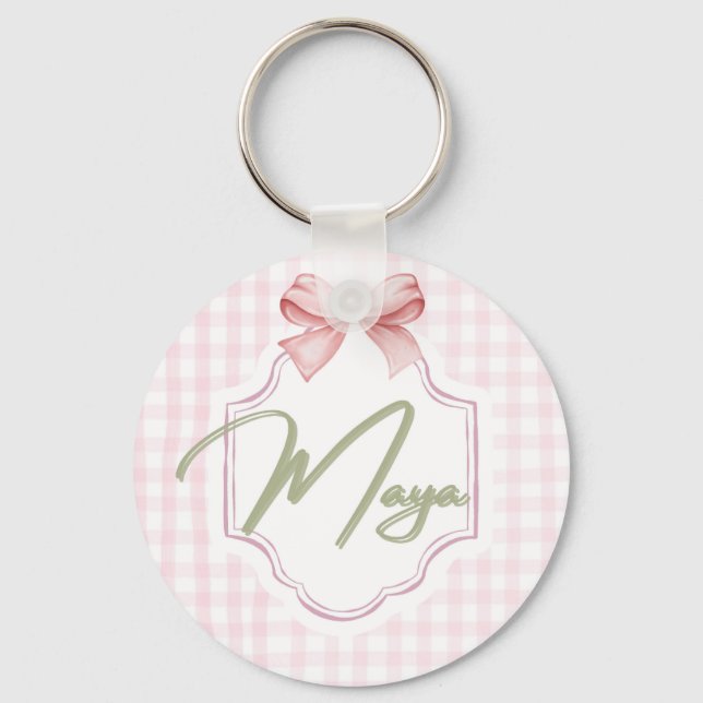 Personalized Maya Baby Girl Nursery Bow&Gingham  Key Ring (Front)
