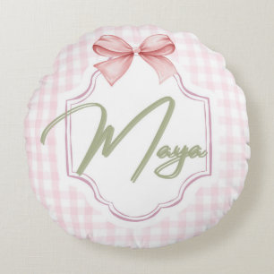 Personalized Maya Baby Girl Nursery Bow&Gingham Round Cushion