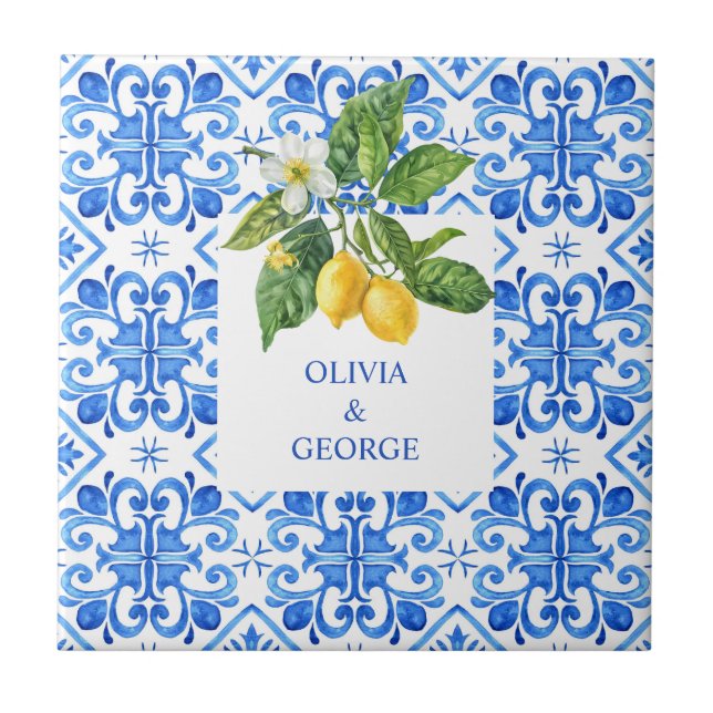 Personalized Mediterranean lemons wedding blue  Ceramic Tile (Front)