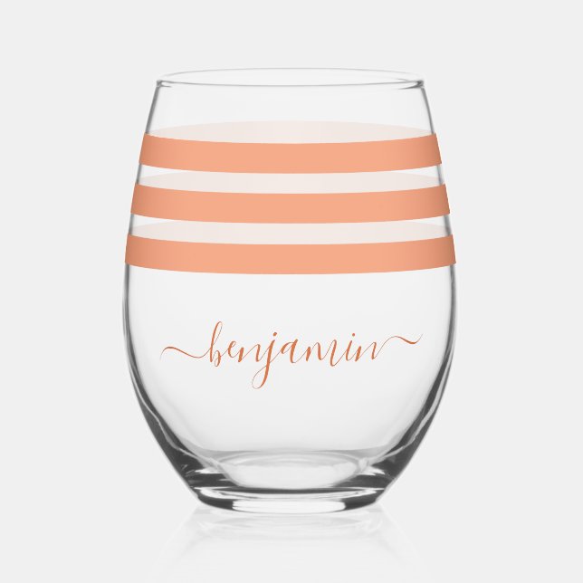  Personalized Medium Peach Lines Stemless Wine Glass (Front)