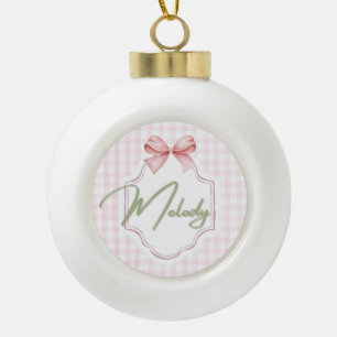 Personalized Melody Baby Girl Nursery Bow&Gingham Ceramic Ball Christmas Ornament