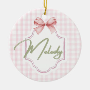 Personalized Melody Baby Girl Nursery Bow&Gingham Ceramic Ornament