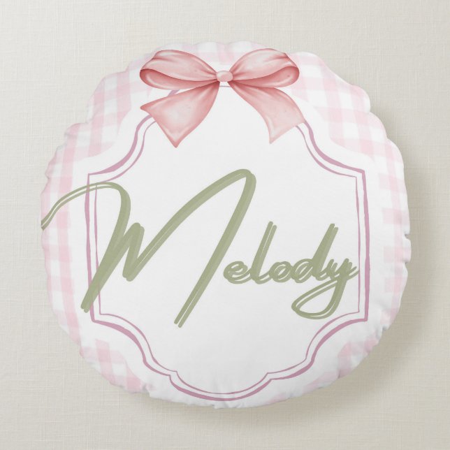 Personalized Melody Baby Girl Nursery Bow&Gingham Round Cushion (Front)