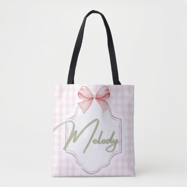 Personalized Melody Baby Girl Nursery Bow&Gingham Tote Bag (Front)