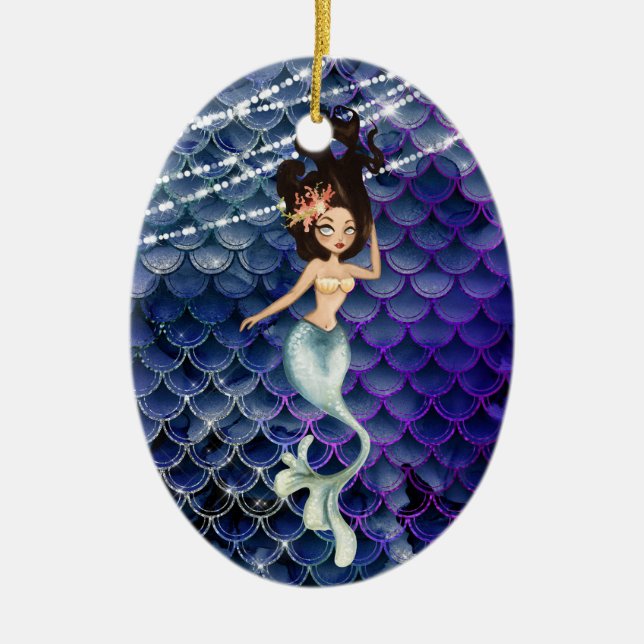 Personalized Mermaid in Blue ~ Sparkling Beach Ceramic Ornament (Front)