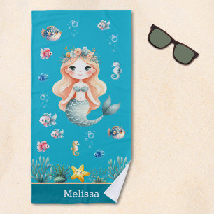 Personalized Mermaid Under the sea for Girl Beach Towel