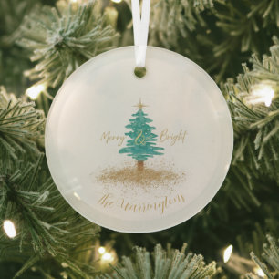 Personalized "Merry and Bright" Watercolor Tree Glass Tree Decoration