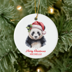 Personalized Merry Christmas Cute Panda Bear Ceramic Ornament