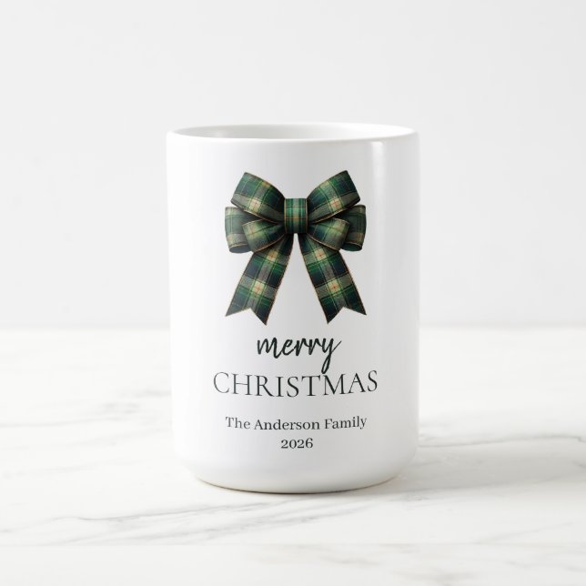 Personalized Merry Christmas | Green Plaid Bow Coffee Mug (Center)
