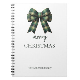 Personalized Merry Christmas Green Plaid Bow Notebook