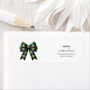 Personalized Merry Christmas   Green Plaid Bow Return Address Label