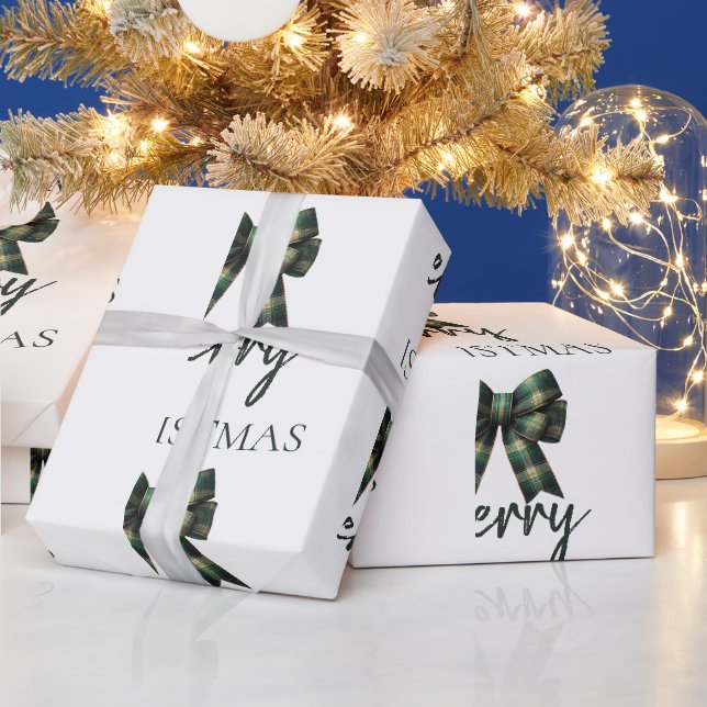 Personalized Merry Christmas | green Plaid Bow Wrapping Paper (Holidays)