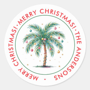 Personalized Merry Christmas Palm Tree Light Classic Round Sticker
