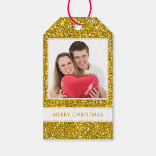 Personalized Merry Christmas Photo Gold Glitter Gift Tags