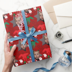 Personalized Merry Christmas Photo T-Rex Wrapping Paper