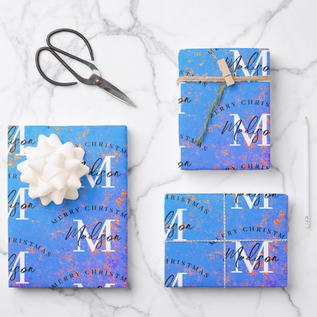Personalized Merry Christmas Purple Gold Monogram  Wrapping Paper Sheet (Front)