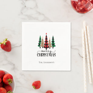 Personalized Merry Christmas Red Green Plaid Trees Napkin