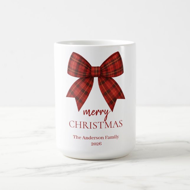 Personalized Merry Christmas | Red Plaid Bow Coffee Mug (Center)