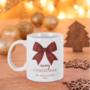 Personalized Merry Christmas   Red Plaid Bow Large Coffee Mug