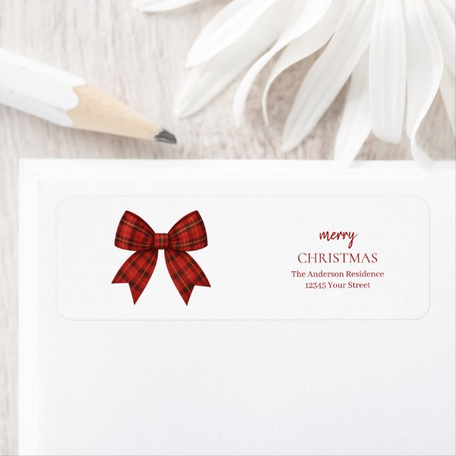 Personalized Merry Christmas | Red Plaid Bow Return Address Label (Insitu)