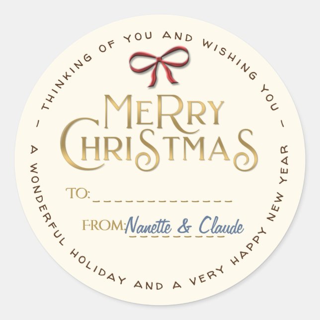 Personalized Merry Christmas Sticker with Red Bow (Front)