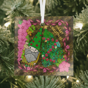 PERSONALIZED MERRY CHRISTMAS WITH GNOME XMAS TREE GLASS TREE DECORATION