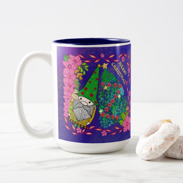 PERSONALIZED MERRY CHRISTMAS WITH GNOME XMAS TREE Two-Tone COFFEE MUG (With Donut)