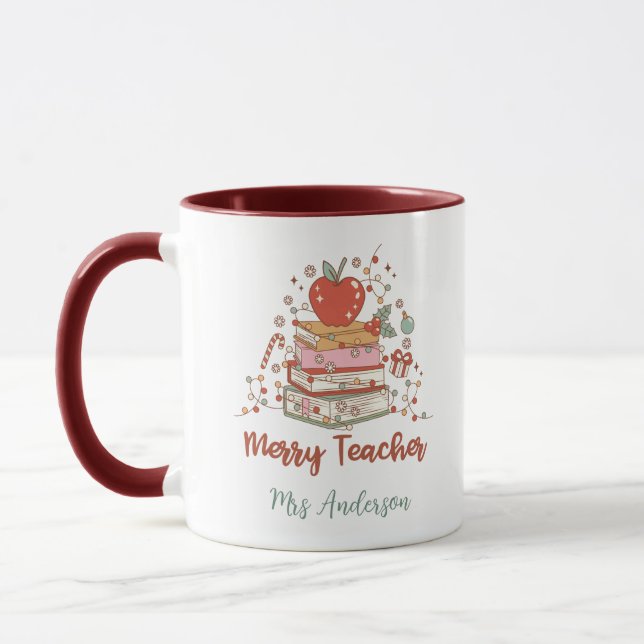 Personalized Merry Teacher Christmas Tree Books  Mug (Left)