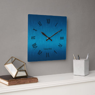 Personalized Metallic blue roman numerals Square Wall Clock