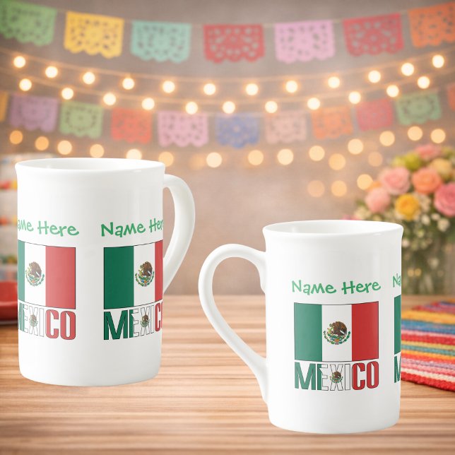 Personalized Mexico Flag Name Design Bone China Mug (Personalized bone china mug. Design on 3 sides. Mexican Flag, MEXICO in flag colors. Name above.)