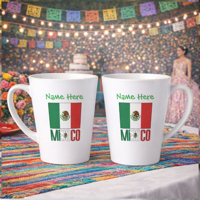 Personalized Mexico Flag Name Design Latte Mug (Personalized small latte mug has design on 2 sides. Mexican Flag, MEXICO below. Name added above.)