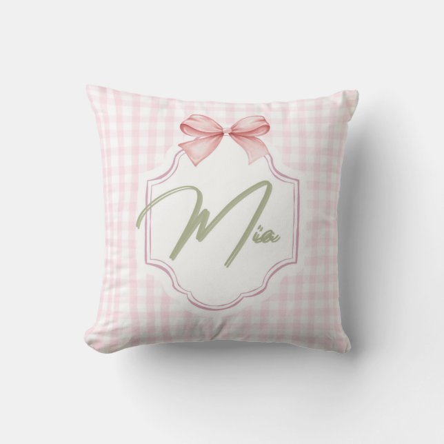 Personalized Mia Baby Girl Nursery Bow & Gingham  Cushion (Front)