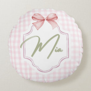 Personalized Mia Baby Girl Nursery Bow & Gingham Round Cushion
