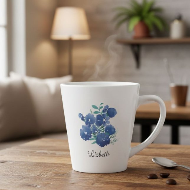 Personalized Midnight Bloom Blue Floral Latte Mug (Creator Uploaded)