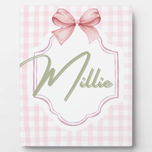 Personalized Millie Baby Girl Nursery Bow&Gingham Plaque (Front)