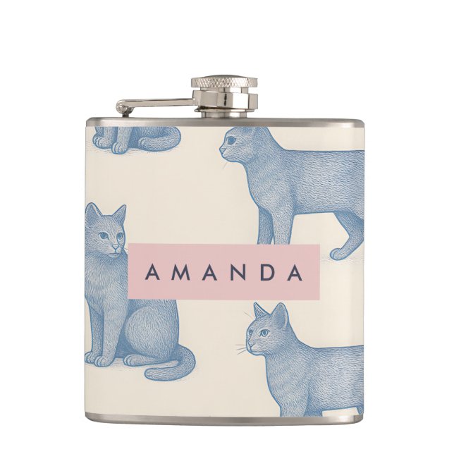 Personalized Minimalist Blue Cat Pattern Hip Flask (Front)