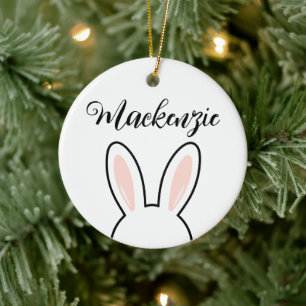 Personalized Minimalist Cute Bunny Ears Easter Ceramic Ornament