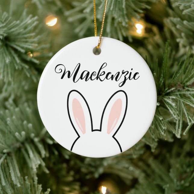Personalized Minimalist Cute Bunny Ears Easter Ceramic Ornament (Tree)