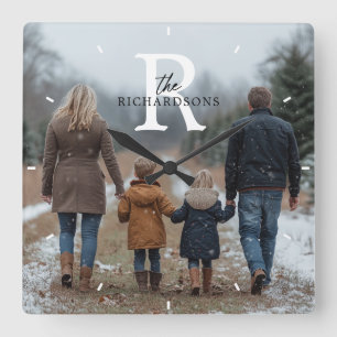 Personalized Minimalist Monogram Name Family Photo Square Wall Clock