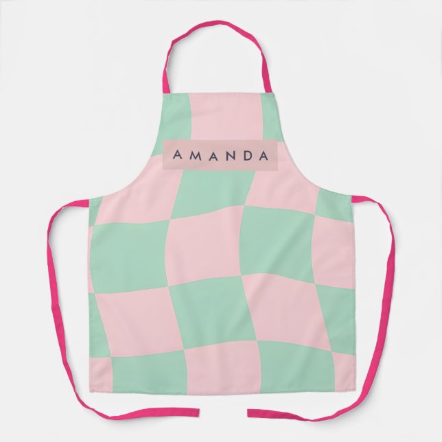 Personalized Mint Green and Blush Pink Checkered Apron (Front)