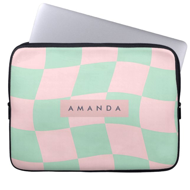 Personalized Mint Green and Blush Pink Checkered Laptop Sleeve (Front)