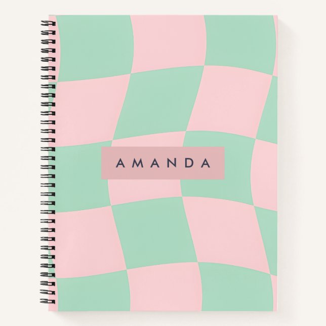 Personalized Mint Green and Blush Pink Checkered Notebook (Front)