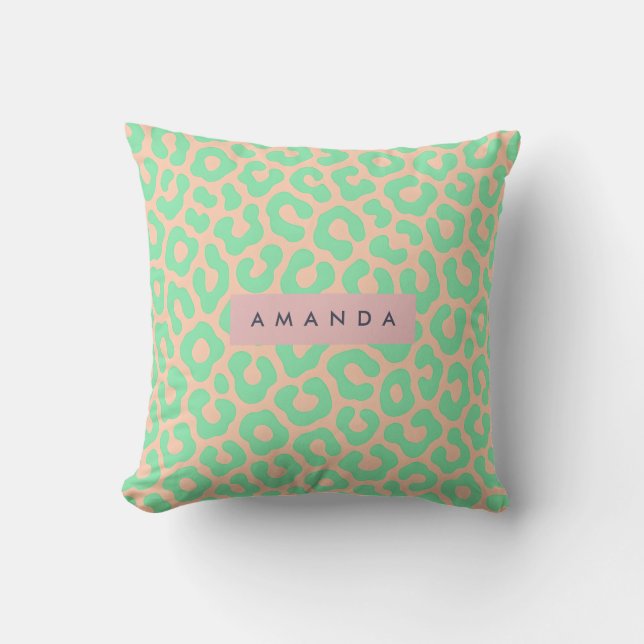 Personalized Mint Green and Peach Leopard Print Cushion (Front)