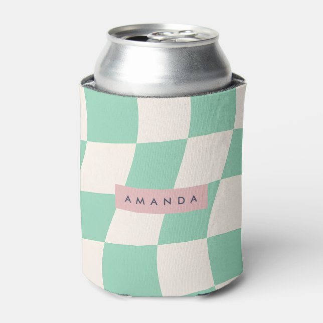 Personalized Mint Green Wavy Checkered  Can Cooler (Can Front)