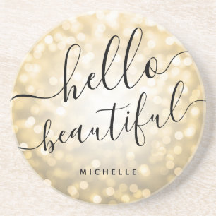 Personalized Mod Gold Lights "Hello Beautiful" Coaster
