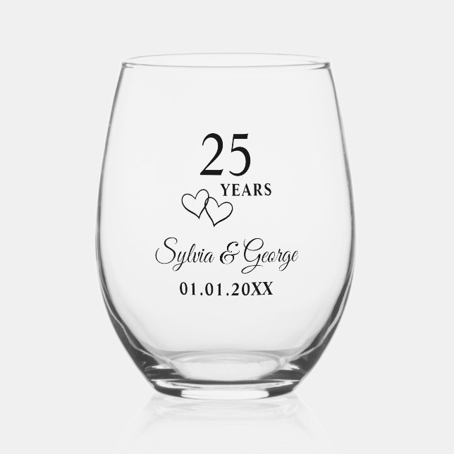 Personalized Modern 25th Wedding Anniversary Gift Stemless Wine Glass (Back)