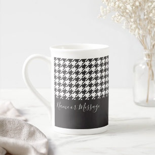 Personalized Modern Black and White Houndstooth Bone China Mug