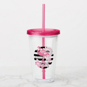 Personalized Modern Black Stripes Pink Flamingo Acrylic Tumbler